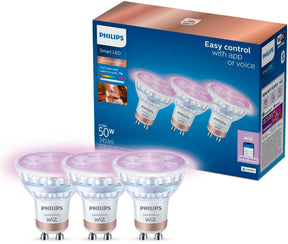 Philips smart lighting - led-spot - gu10 fitting - rgb - gekleurd en instelbaar wit licht - dimbaar - 3 pack - 50w - helder glas - wifi