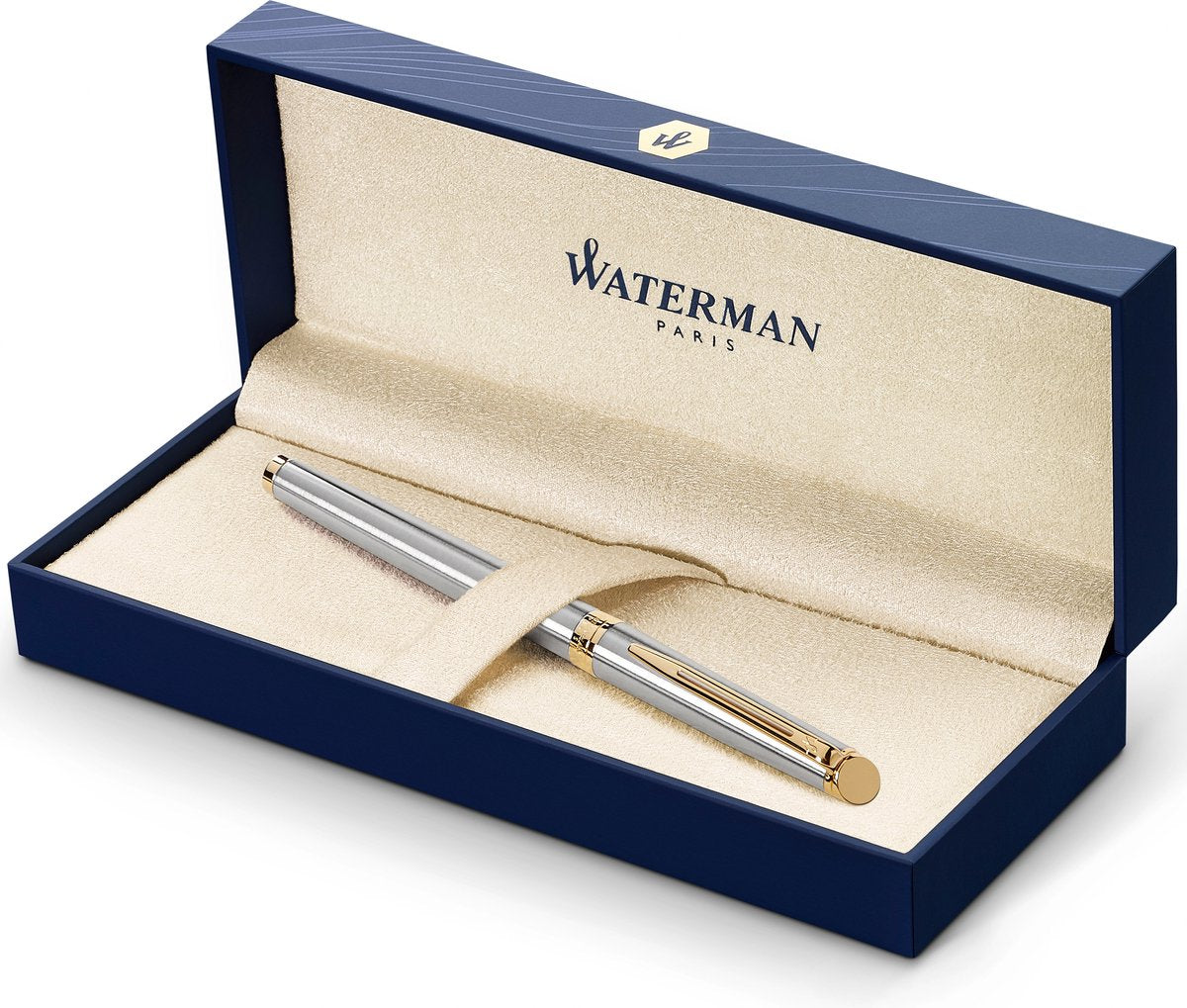 Waterman Hemisphère-Füllfederhalter | Edelstahl mit 23-karätigem Goldrand | mittlere Feder | schwarze Tinte | Geschenkverpackung