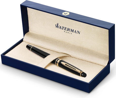 Waterman Expert Füllfederhalter – glänzender schwarzer 23-Karat-Goldrand – mittlere Feder – Geschenkverpackung