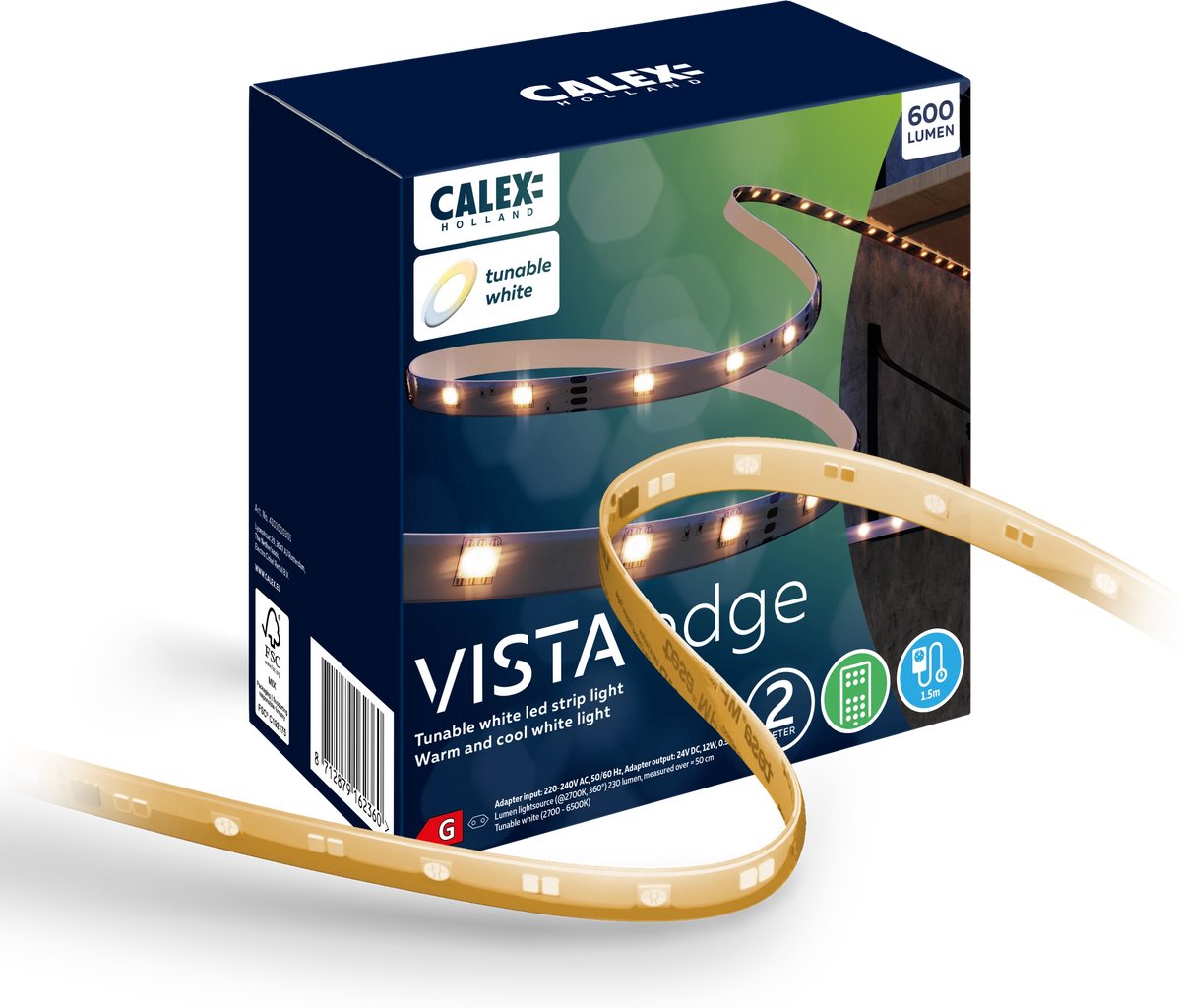 Calex vista led strip 2 meter - voor binnen - warm wit licht - inclusief afstandsbediening