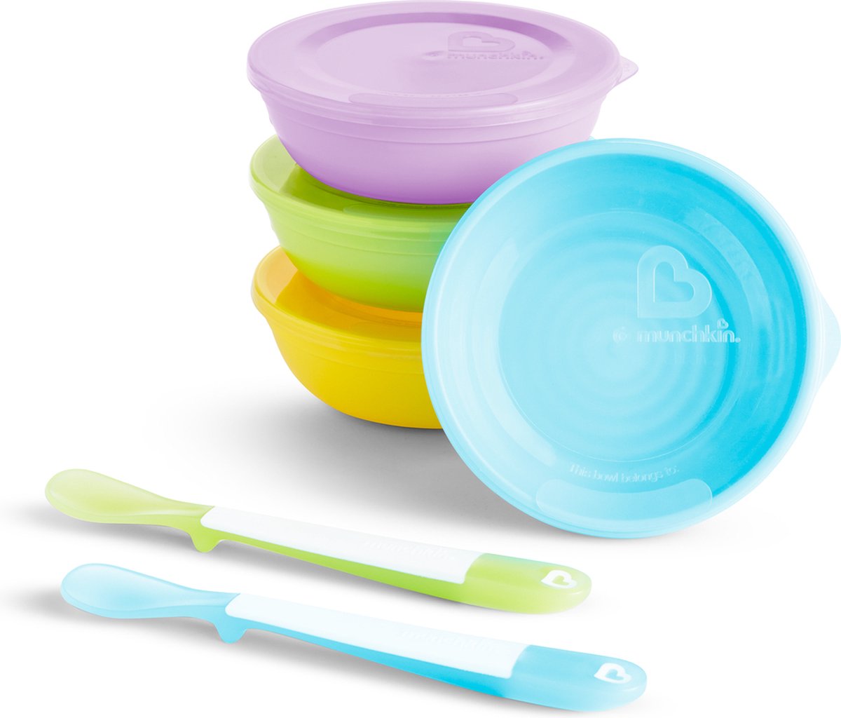 Munchkin Kindergeschirrset Love-a-Bowls – 10-teiliges Geschirrset für Kinder – 4 Schüsseln, 2 Löffel und 4 Deckel – Kindergeschirr – ab 4 Monaten – spülmaschinenfest – mikrowellengeeignet