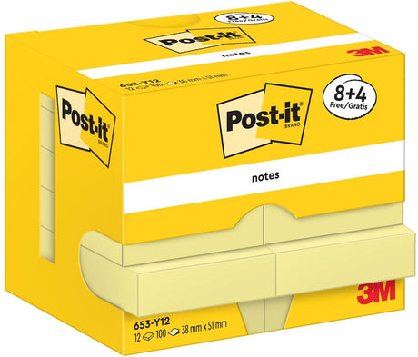 Selbstklebende Post-it-Haftnotizen 653-y12, 38 x 51 mm, schlichtes Gelb