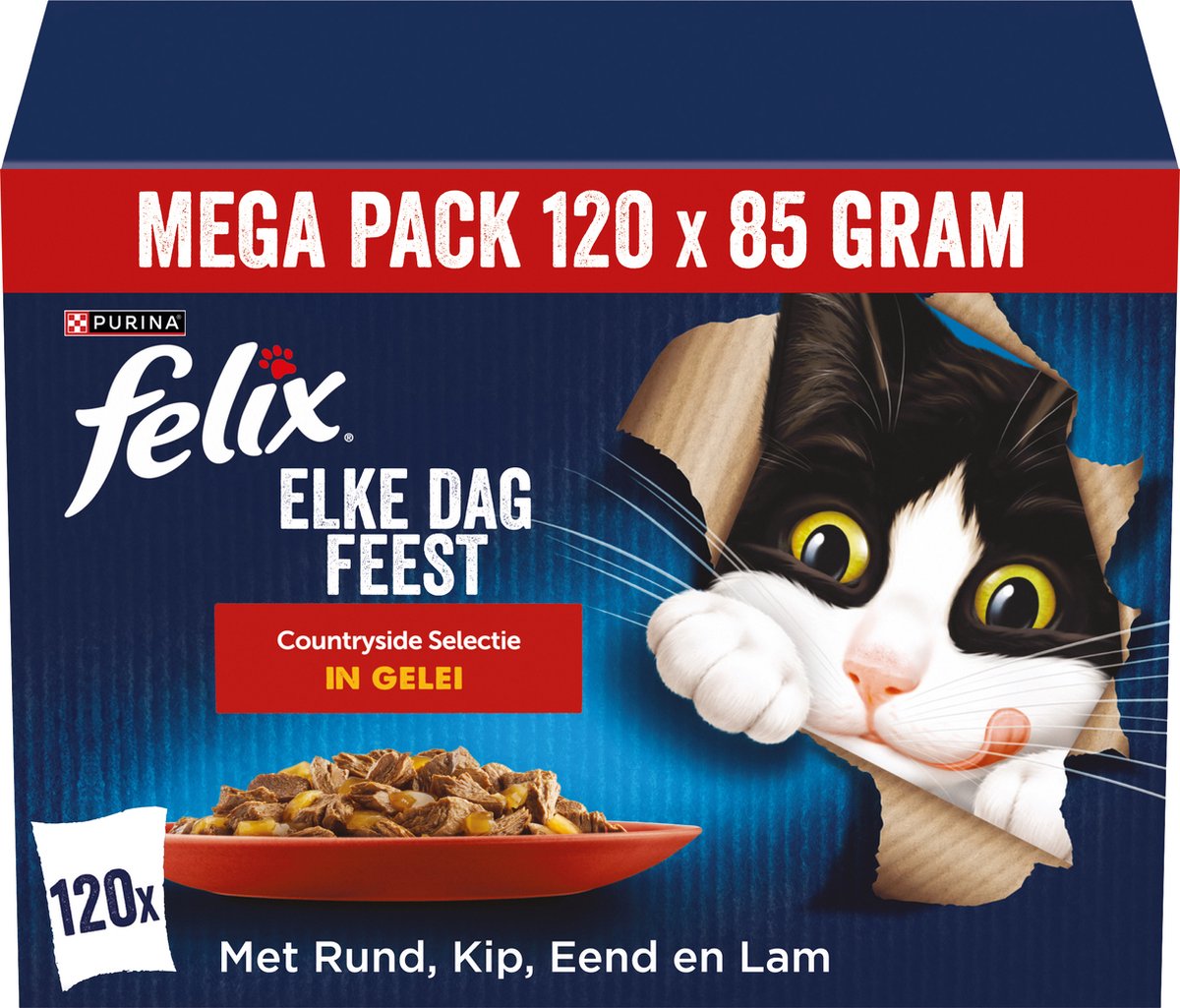 Felix Every Day Party Country Selection – Nassfutter für Katzen – Rind, Huhn, Ente, Lamm – 120 x 85 g
