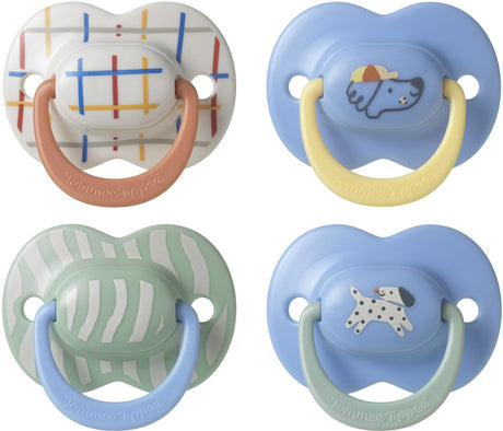 Tommee Tippee Ultimate Fit Schnuller – 6–18 Monate – 4 Stück – kieferorthopädischer symmetrischer Schnuller für Babys – 100 % BPA-freies Silikon – blaue Deko