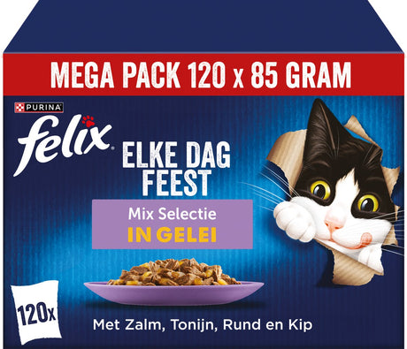Felix Every Day Party Mix Auswahl in Gelee – Katzenfutter Nassfutter – Lachs Thunfisch Rind Huhn – 120 x 85 g