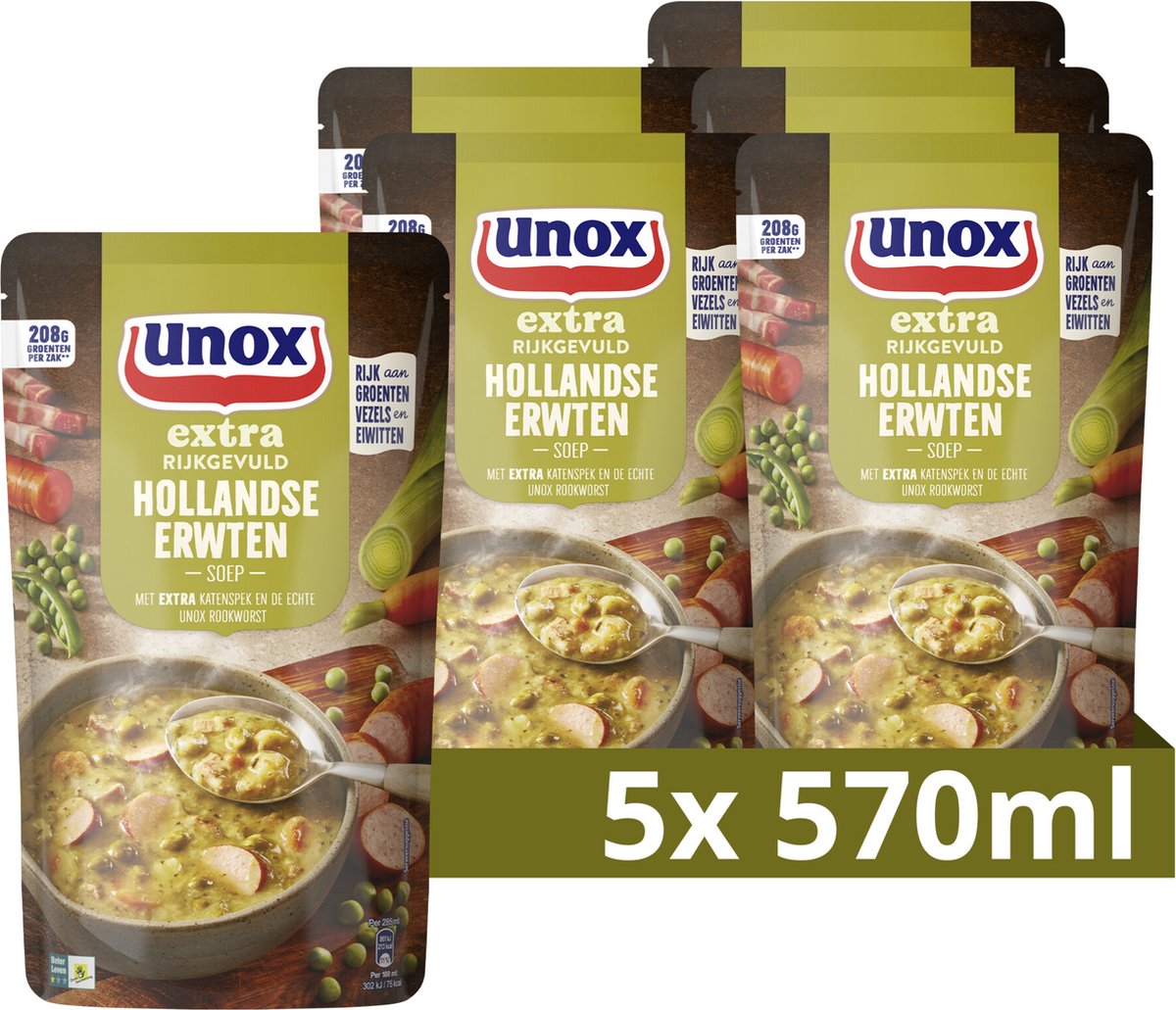 Unox extra rijkgevuld soep in zak - hollandse erwtensoep - 5 x 570 ml - voordeelverpakking