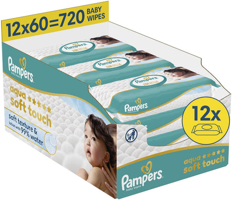 Pampers aqua soft touch - billendoekjes - zachte textuur lotion met 99% water - 12 verpakkingen van 60 doekjes = 720 babydoekjes (vervanger harmonie aqua babydoekjes)