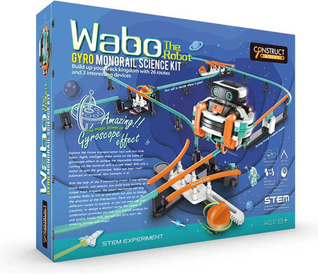 Konstruieren und erstellen, erstellen, Wabo-Björn den Roboter erstellen – Experimentierset – Gyro-Einschienenbahn – 9,3 x 9,3 x 8,7 cm – DIY-Bausatz – Stielspielzeug – 93484