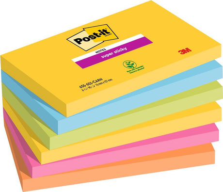Post-it® Super-Haftnotizen, Farbset Rio, Neongelb, Mittelmeerblau, Neongrün, Fuchsia, Neonorange, 76 mm x 127 mm, 6 Blöcke