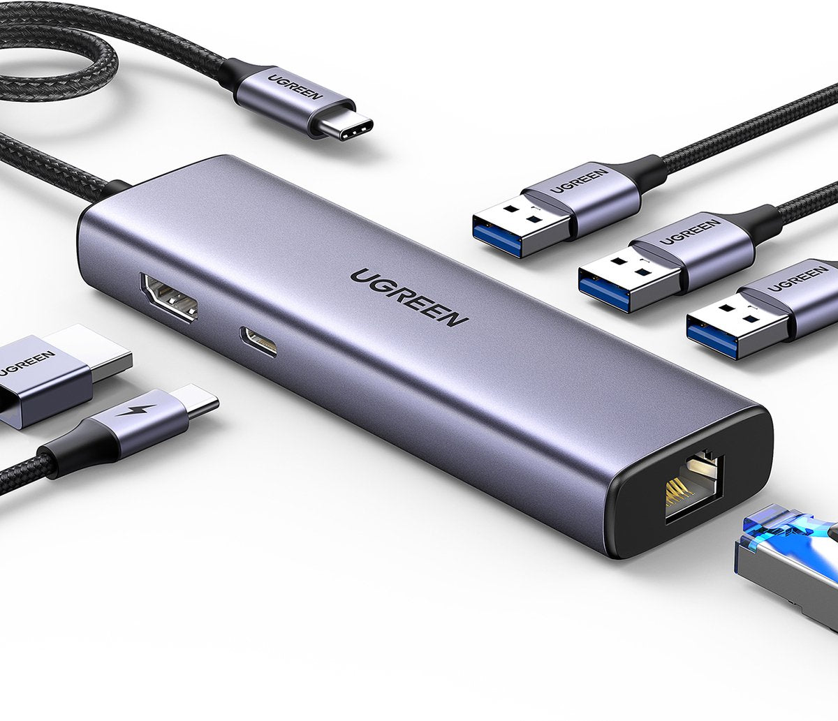 Ugreen cm512 - usb-c hub adapter - 3x usb-a 3.0 - hdmi - rj45 - usb-c pd - grijs