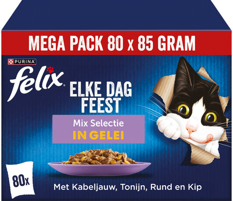 Felix Every Day Party Mix Auswahl in Gelee – Katzenfutter Nassfutter – Kabeljau Thunfisch Rind Huhn – 80 x 85 g