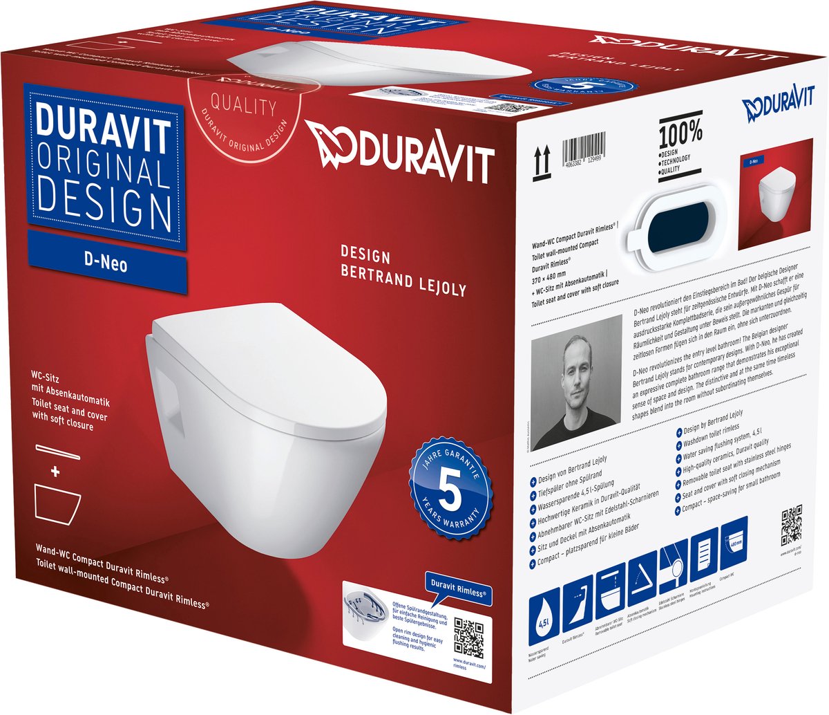 Duravit d-neo Wand-WC mit Sitz 37x48x40cm weiß Hochglanz