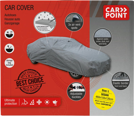 Carpoint Autoabdeckung Ultimate Protection L – 460x150x126 cm – 3-lagig – wasserabweisend atmungsaktiv – kratzfreie Innenseite – inklusive Aufbewahrungstasche L