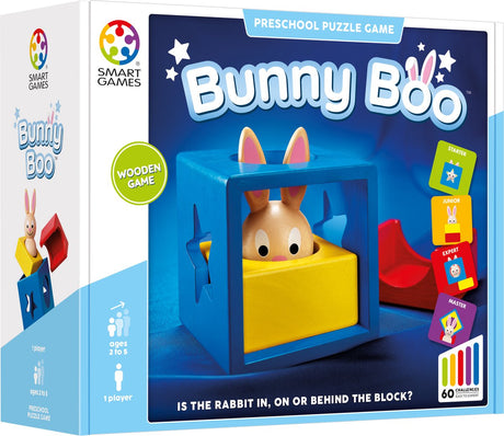 Smart Games Bunny Boo – logisches Denkspiel – 60 räumliche Herausforderungen mit Holzkaninchen – lehrreiches Solospiel für Kleinkinder – ab 2 Jahren