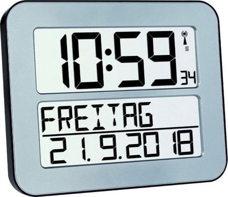 Tfa Dostmann 60.4512.54 – Uhr – digital – funkgesteuert – 7 Sprachen – zweite Zeit – Alarm – Schlummerfunktion – LCD – silberfarben