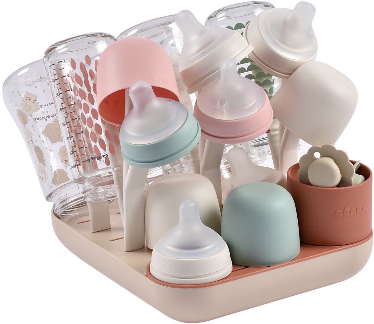 Béaba Forest Flaschenregal – modularer Abtropfständer für 6 große Babyflaschen und Zubehör – verstellbare Zweige und separater Topf für Strohhalme und Besteck – abnehmbarer Boden für schnellen Wasserabfluss – recycelter Karton – Terrakotta