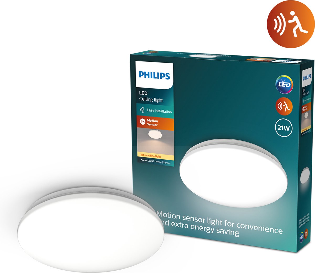 Philips led philips acuna plafondlamp - 21w - warmwit licht - ingebouwde bewegingssensor