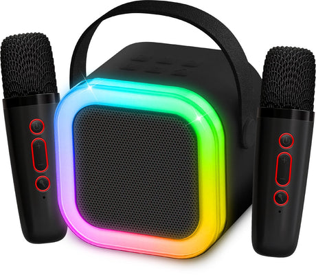 Partyfunlights Mini Duo Karaoke-Set Partylautsprecher – mit zwei Mikrofonen schwarz – Disco-Beleuchtung – kabellos – für Erwachsene und Kinder