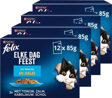 Felix Every Day Party Fischauswahl in Gelee – Katzenfutter Nassfutter – Thunfisch Lachs Kabeljau Scholle – 48 x 85 g