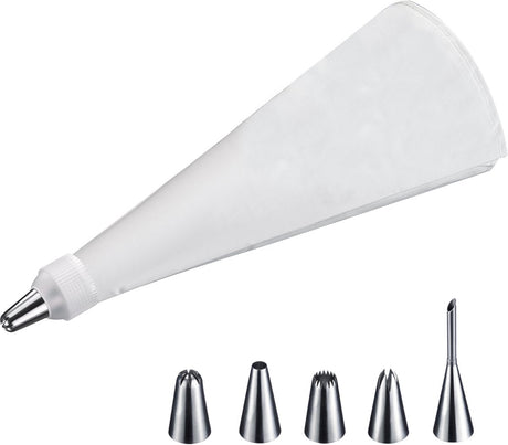 Westmark Dekospritze, Garnierset mit Spritzbeutel, mit Zwischenstück und 5 Tüllen, 7-teilig, Länge: ca. 40 cm, beschichteter Baumwoll-Edelstahl, Maxi-Griff, Weißsilber, 30992260