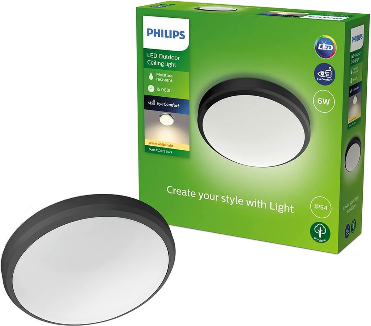 Philips led doris ceiling 6w 27k black ip54 hv