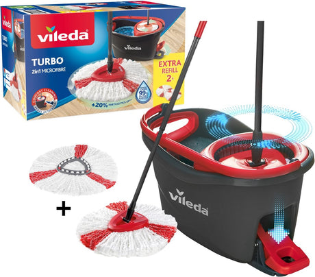 Vileda Turbo-Wischsystem mit 2 Wischköpfen – komplettes Wischset mit Eimer und Pedalpresse inklusive 2 Ersatz-Mikrofasermopps 2in1