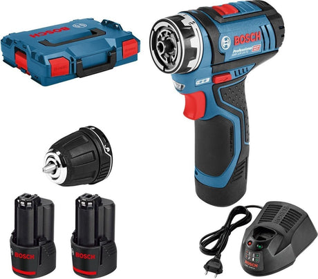 Bosch blau GSR 12V-15 Flexiclick Akku-Bohrschrauber + GFA 12-B | 10,8 V (2x 2,0-Ah-Akku + Ladegerät) – 06019f6001