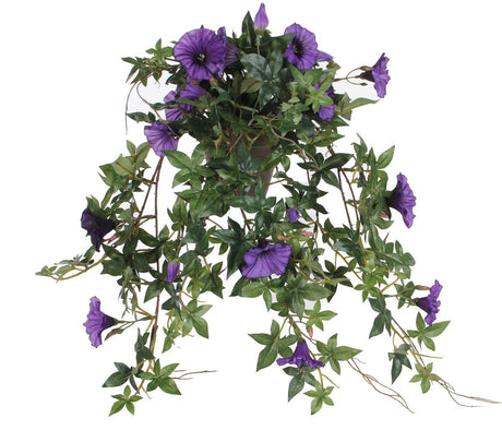 Glimmerdekorationen, künstliche Hängepflanze Petunie im Blumentopf, Stan – L25 x B45 x H50 cm – Dunkelviolett