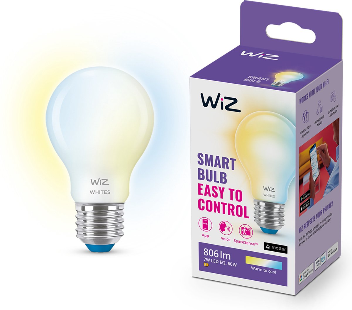Wiz lamp - warm- tot koelwit licht - slimme led verlichting - e27 fitting - 60w - volledig mat - wi-fi