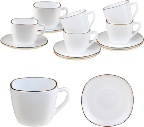 Kinghoff quadratisches Tassen- und Untertassen-Set 12-teilig – Kaffeetassen aus weißem Opalglas mit Goldrand – 220 ml – modernes Design – Kaffee-Set, Untertassen-Set