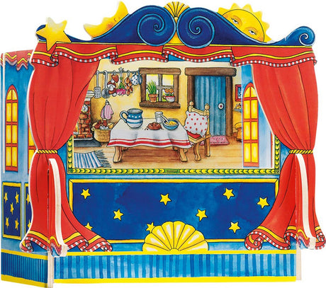 Goki Puppentheater - Fingerpuppen - mit 5 austauschbaren Dekoren - 28x20x25cm - Holz