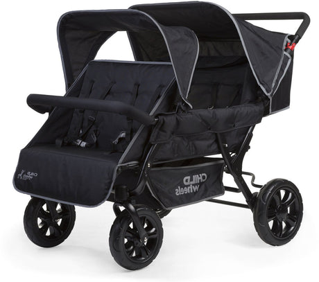 Childhome Two by Two Kinderwagen für 4 Kinder – Kombi-Kinderwagen mit zwei Sitzbänken und 5-Punkt-Gurt – schwenkbare Vorderräder und Zentralbremse – inklusive Regenschutz und Sonnenverdeck – 120 x 85 x 103 cm – Schwarz