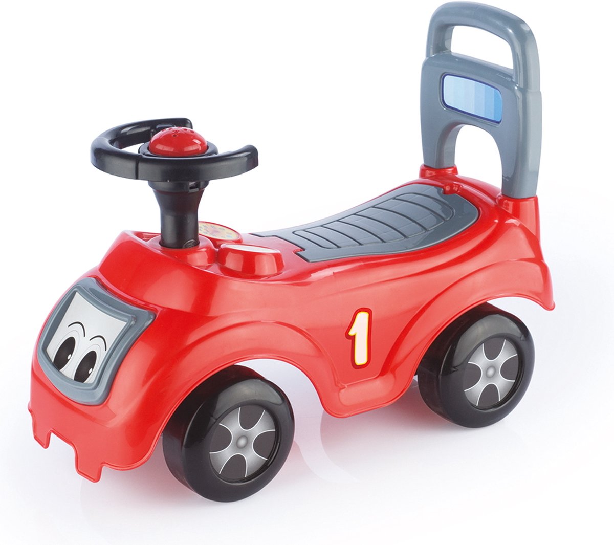 Dolu sitzt und fährt mit dem rot-schwarzen Laufwagen