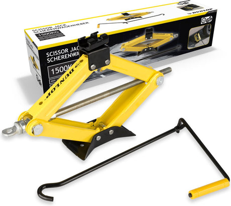 Dunlop autokrik mechanisch - auto krik met 1500kg hefvermogen - schaarkrik met lifthoogte 26-38 cm - metaal - geel zwart