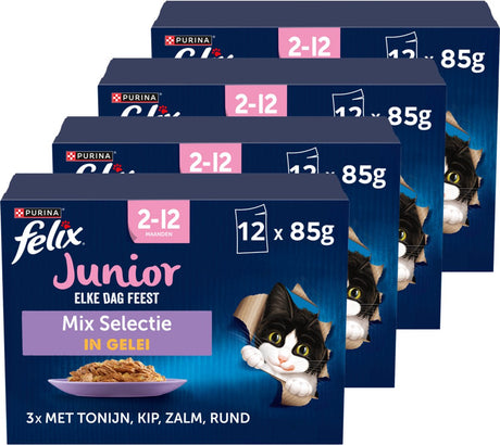 Felix Every Day Party in Jelly Junior Mix Selection – Katzenfutter Nassfutter – Thunfisch Lachs Rind Huhn – 48 x 85 g
