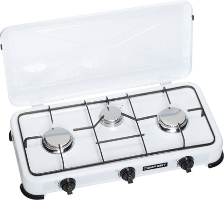 Campart camping kookstel ko-6383 - campingkooktoestellen 3 pitten – gas kooktoestel met rvs brander - wit
