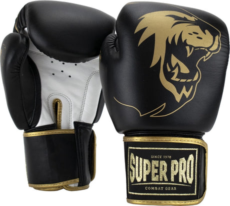 Super pro combat gear warrior se lederen (kick)bokshandschoenen zwart goud wit 14oz 14 oz