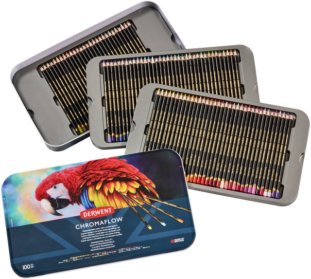 Derwent chromaflow kleurpotloden in blik - set van 100 potloden met zachte kern - assorti