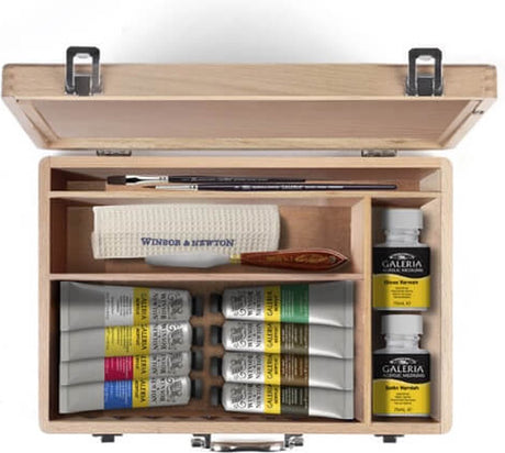 Winsor Newton 2190614 Galeria Acrylfarben-Set, luxuriöse Holzbox – 15-teilig – inklusive Staffelei, Pinselzubehör