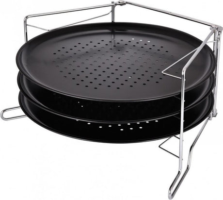 Kinghoff - pizza tray set - 4-delig pizzaplaat en houder set - antiaanbak pizzatrays met standaard - pizza accessoires keuken - ø32.3cm - staal