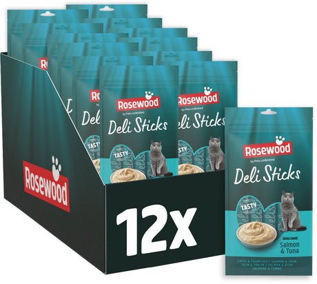 Rosewood Deli Sticks Lachs und Thunfisch – Katzensnack – mit Vitaminen und Mineralstoffen – 12 x 5 Sticks à 15 g