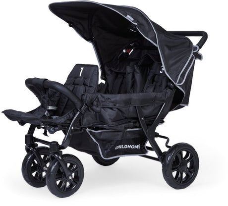 Childhome Triplet-Kinderwagen mit 3 Sitzen – Buggy für Großfamilien und Kinderbetreuung – individuell verstellbare Rückenlehnen – 5-Punkt-Gurte und Zentralbremse – inklusive Regenschutz und Sonnenverdeck – 132 x 85 x 104 cm