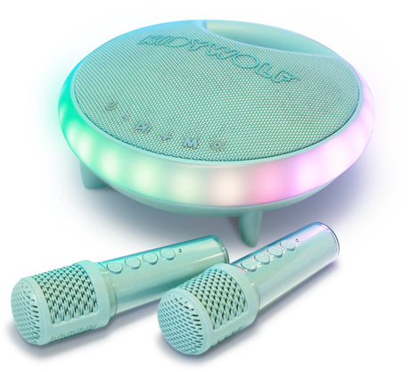 Kidywolf Kidykaraoke – grüner tragbarer Karaoke-Lautsprecher mit 2 kabellosen Mikrofonen, Lichteffekten und Bluetooth – 5+