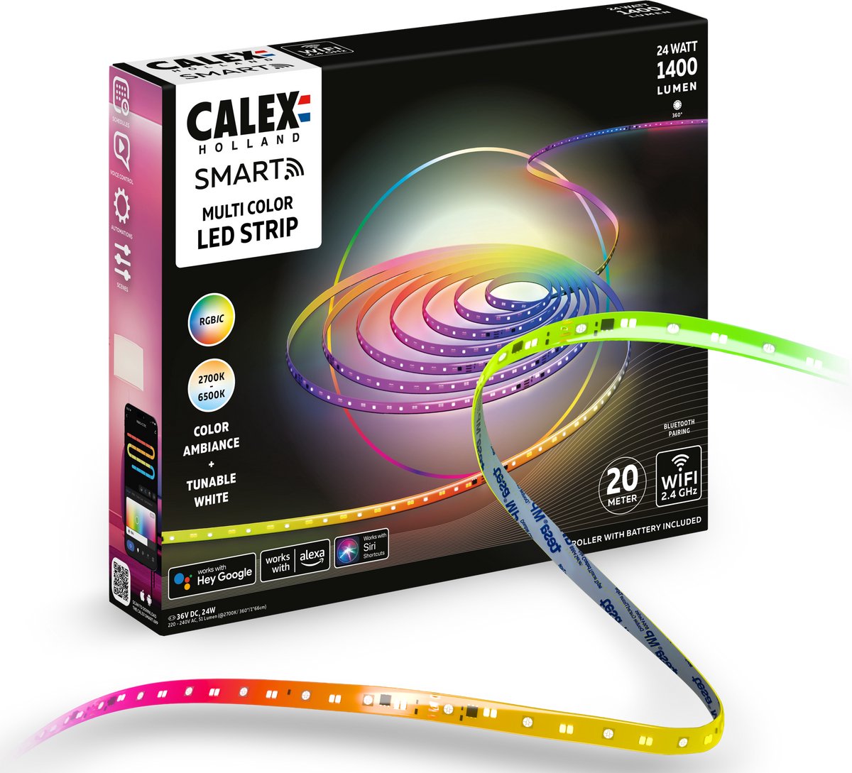 Calex smart led strip - 20m, rgbic+cctic, wifi bedienbaar, muzieksynchronisatie, binnengebruik, 1400 lumen, slimme lichtstrip, smart verlichting