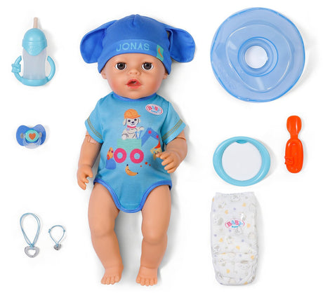 Baby born jonas click play, babypop met 10 functies en accessoires, met click play-functie, voor kinderen van 3+ jaar, werkt zonder batterijen, pop van 43 cm
