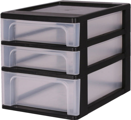 Iris Organizer-Kommode Schubladensystem A4 – 2 kleine Schubladen und 1 mittlere Schublade – 2 x 4 l und 1 x 7 l – Kunststoff – schwarz transparent