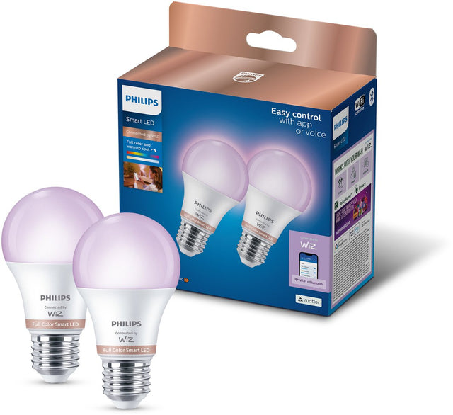 Philips led philips smart led lamp 2-pack - slimme led-verlichting - gekleurd en wit licht - e27 - 60w - mat - wi-fi