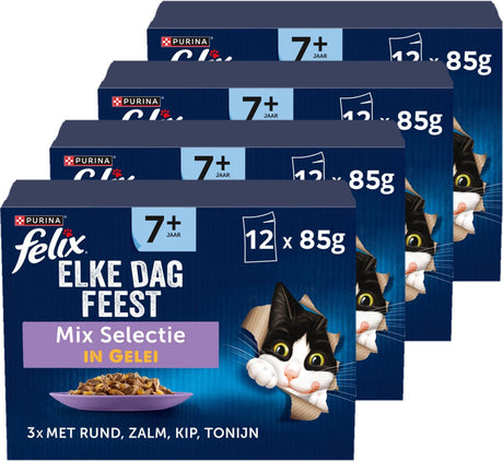 Felix Every Day Party 7+ Senior Mix Selection – Nassfutter für Katzen – Lachs, Thunfisch, Huhn, Rind – 48 x 85 g