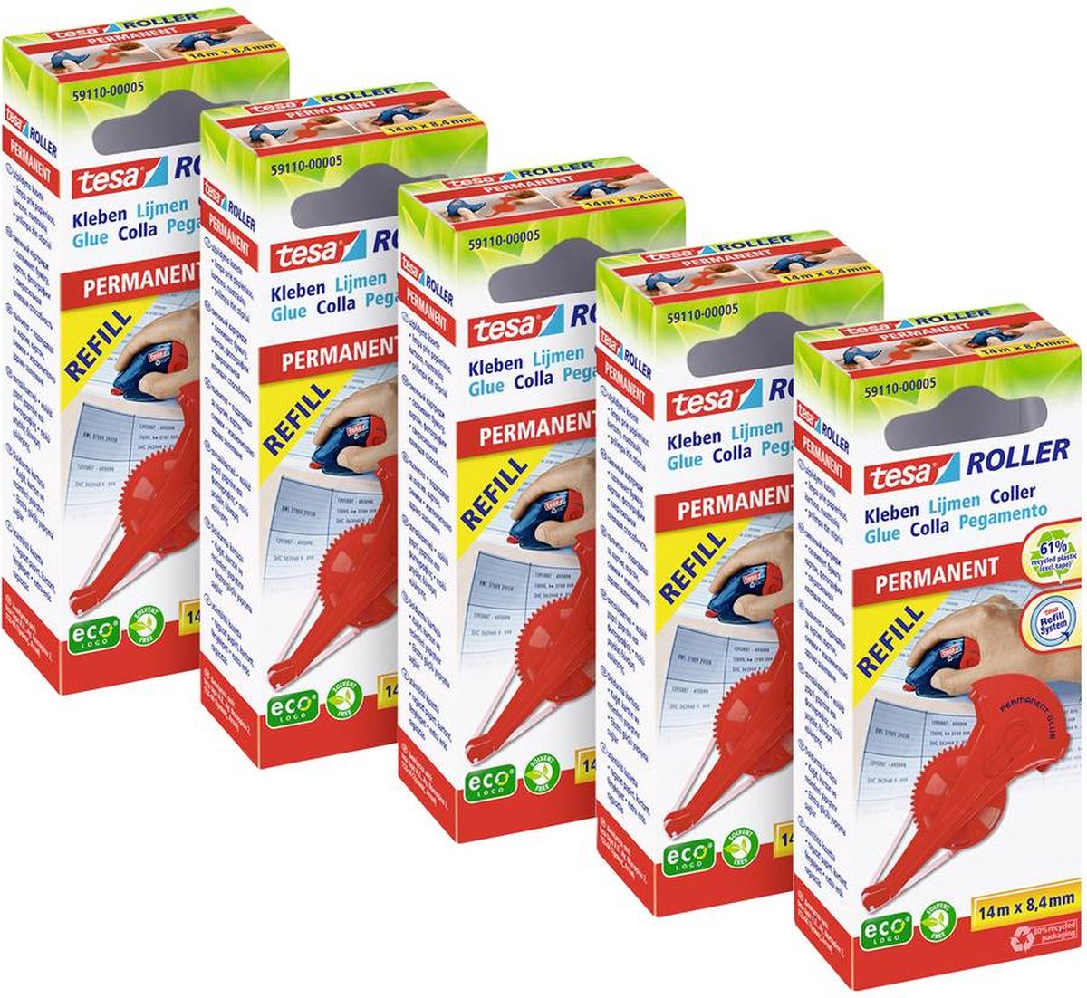 Tesa Nachfüllung für Kleberoller Roller permanent ecologo® 8,4 mm 14 m permanent klebend nachfüllbar: Nr. 59110 5 Stück