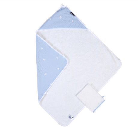 Childhome Badeumhang mit Waschlappen – Blumenkollektion in Weiß-Blau – extra dickes und saugfähiges Frottee aus 100 % Baumwolle – Kapuze aus Musselin mit Blumendruck – maschinenwaschbar – 80 x 80 cm – ideal als Geschenk zur Schwangerschaft